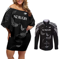New Zealand Rugby Custom Couples Matching Off Shoulder Short Dress and Long Sleeve Button Shirt Aotearoa Armour Blacks Silver Ferns - Polynesian Pride