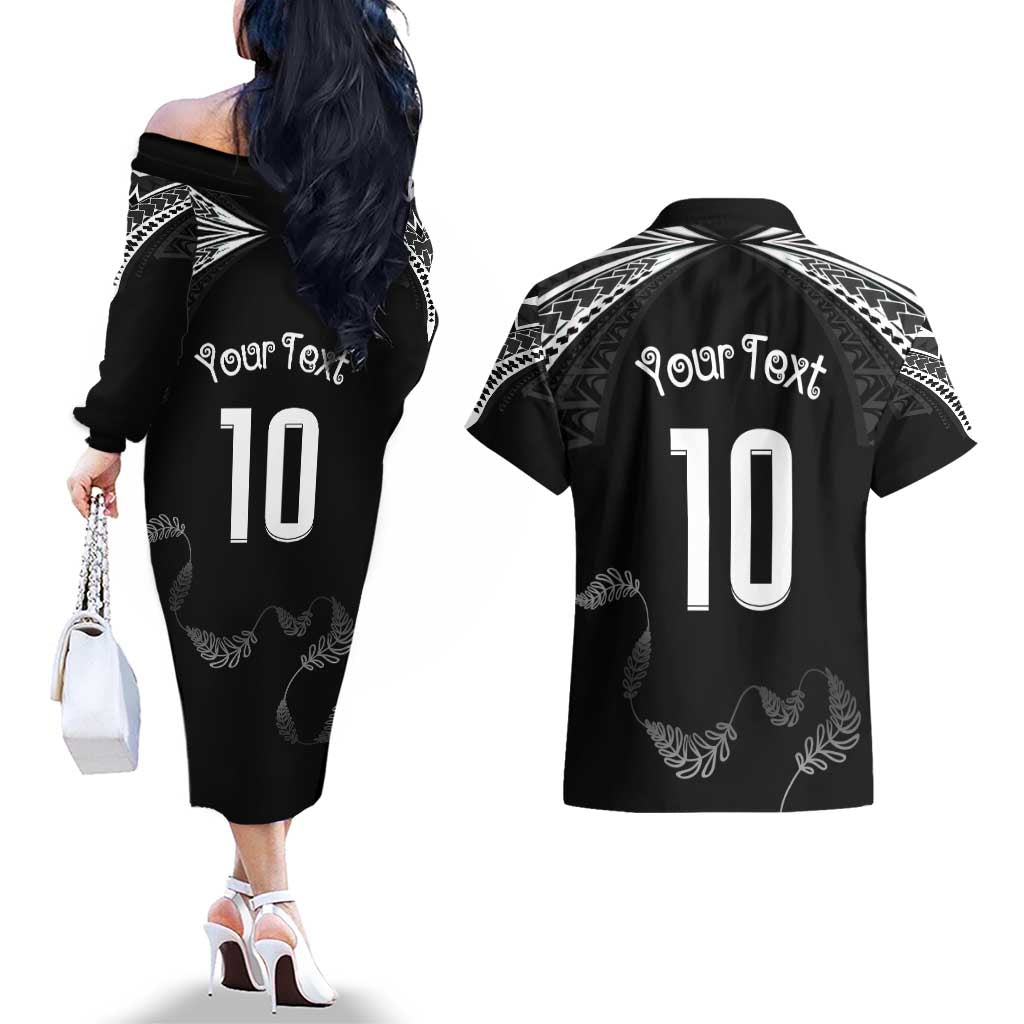 New Zealand Rugby Custom Couples Matching Off The Shoulder Long Sleeve Dress and Hawaiian Shirt Aotearoa Armour Blacks Silver Ferns - Polynesian Pride