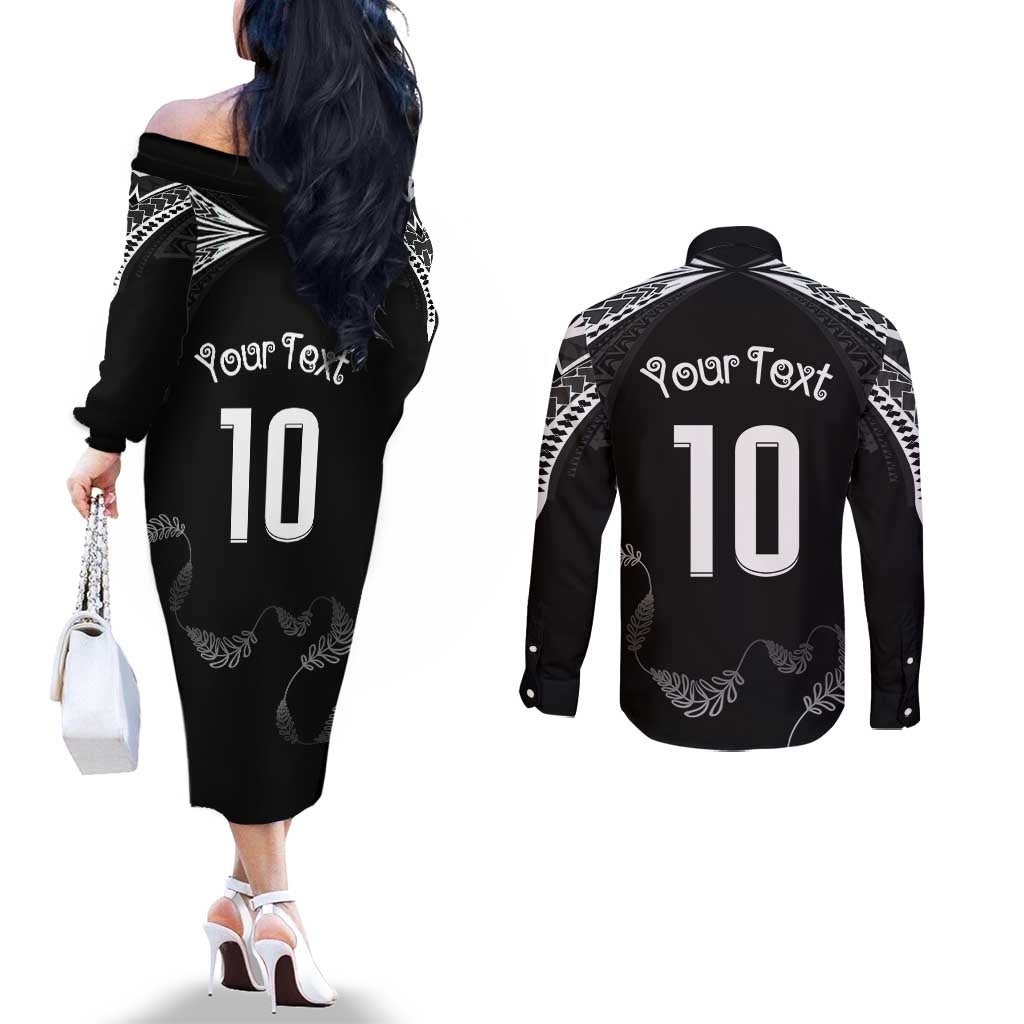 New Zealand Rugby Custom Couples Matching Off The Shoulder Long Sleeve Dress and Long Sleeve Button Shirt Aotearoa Armour Blacks Silver Ferns - Polynesian Pride