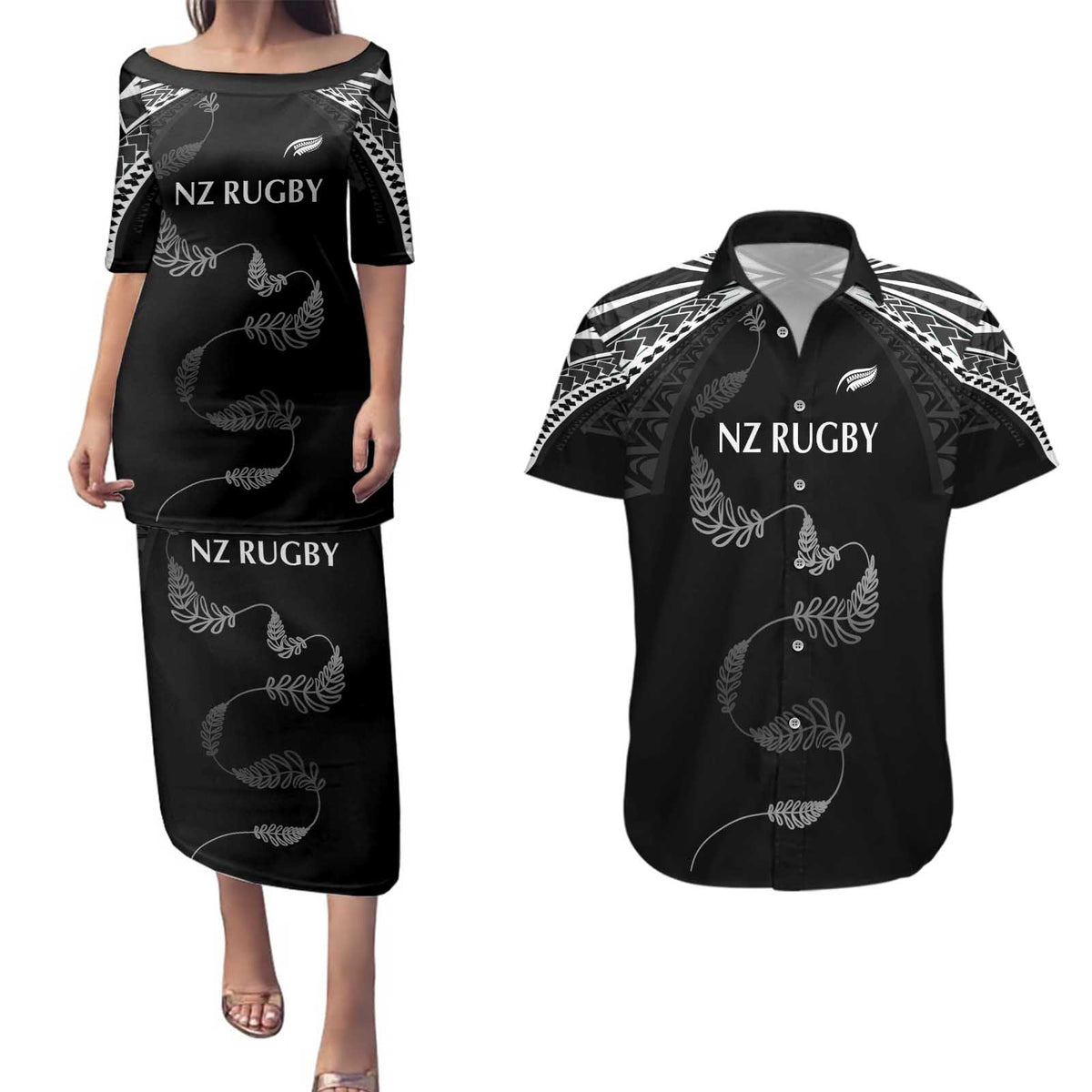 New Zealand Rugby Custom Couples Matching Puletasi and Hawaiian Shirt Aotearoa Armour Blacks Silver Ferns - Polynesian Pride