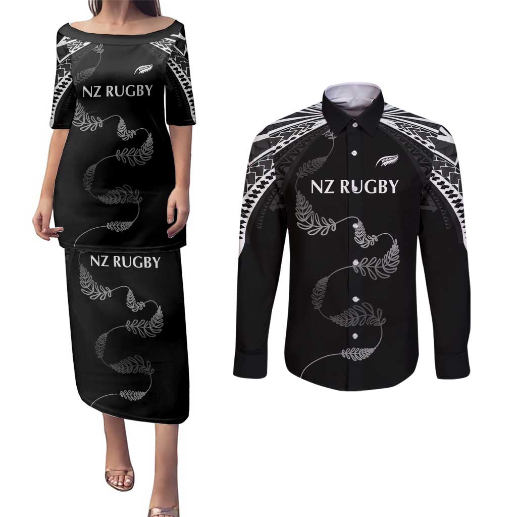 New Zealand Rugby Custom Couples Matching Puletasi and Long Sleeve Button Shirt Aotearoa Armour Blacks Silver Ferns - Polynesian Pride