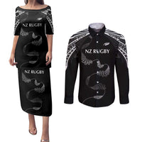 New Zealand Rugby Custom Couples Matching Puletasi and Long Sleeve Button Shirt Aotearoa Armour Blacks Silver Ferns - Polynesian Pride