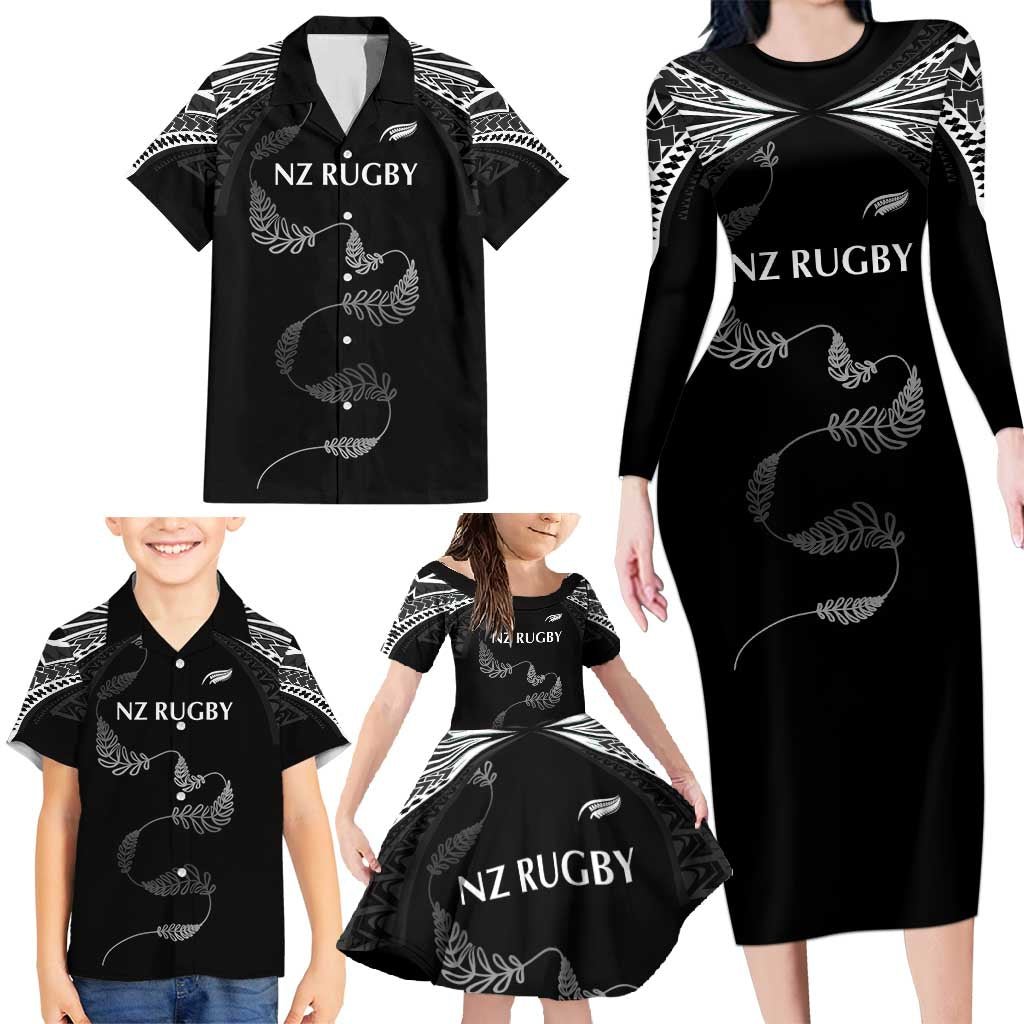 New Zealand Rugby Custom Family Matching Long Sleeve Bodycon Dress and Hawaiian Shirt Aotearoa Armour Blacks Silver Ferns - Polynesian Pride