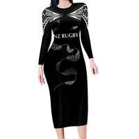 New Zealand Rugby Custom Family Matching Long Sleeve Bodycon Dress and Hawaiian Shirt Aotearoa Armour Blacks Silver Ferns - Polynesian Pride
