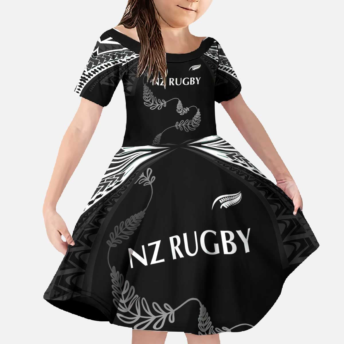 New Zealand Rugby Custom Family Matching Off The Shoulder Long Sleeve Dress and Hawaiian Shirt Aotearoa Armour Blacks Silver Ferns - Polynesian Pride