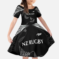 New Zealand Rugby Custom Family Matching Off The Shoulder Long Sleeve Dress and Hawaiian Shirt Aotearoa Armour Blacks Silver Ferns - Polynesian Pride