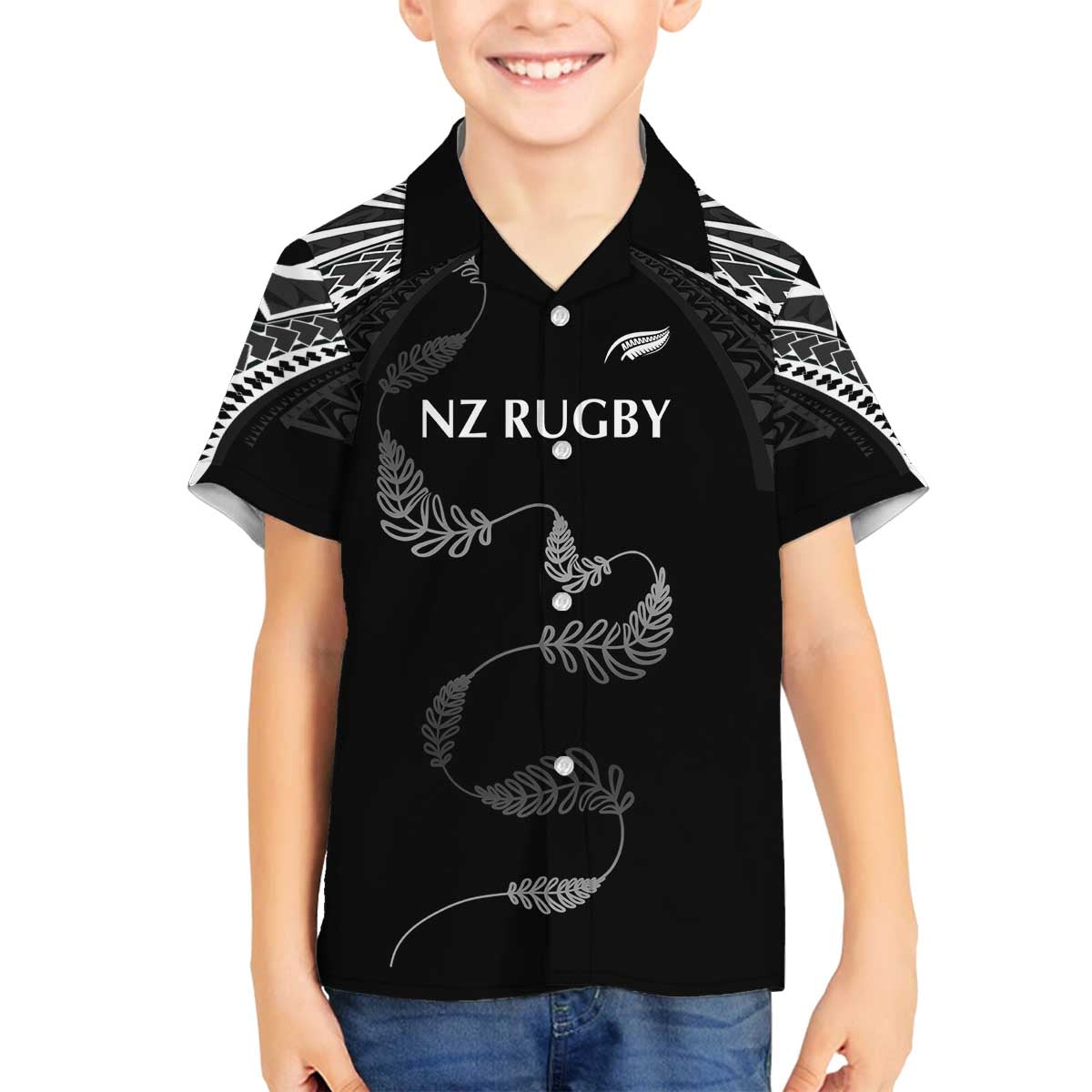 New Zealand Rugby Custom Family Matching Off The Shoulder Long Sleeve Dress and Hawaiian Shirt Aotearoa Armour Blacks Silver Ferns - Polynesian Pride