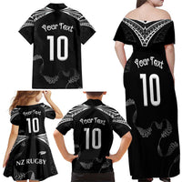 New Zealand Rugby Custom Family Matching Off Shoulder Maxi Dress and Hawaiian Shirt Aotearoa Armour Blacks Silver Ferns - Polynesian Pride