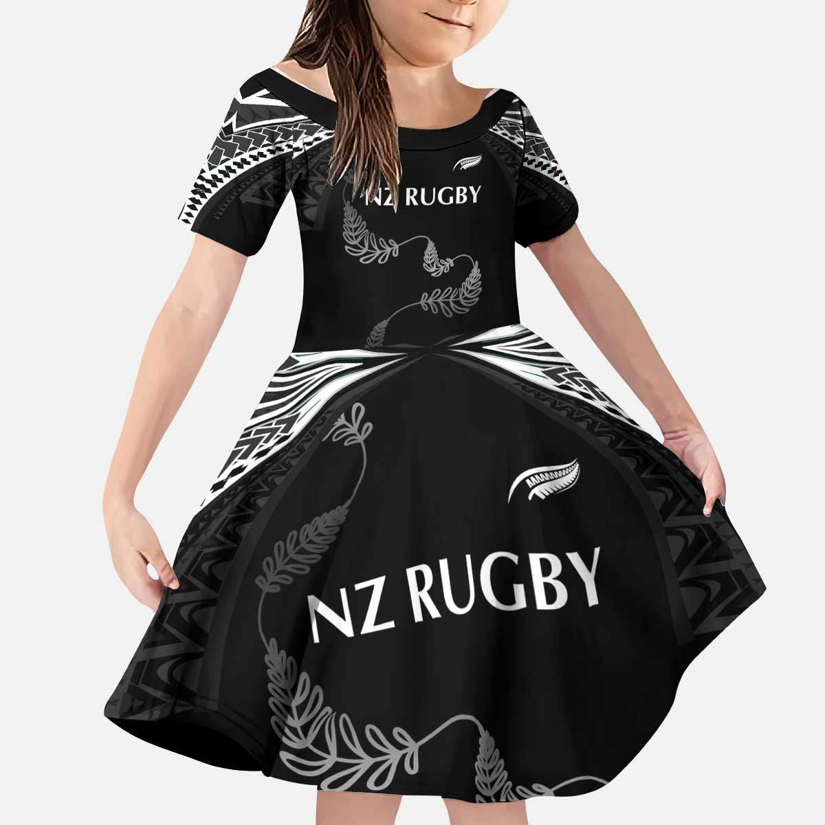 New Zealand Rugby Custom Kid Short Sleeve Dress Aotearoa Armour Blacks Silver Ferns - Polynesian Pride