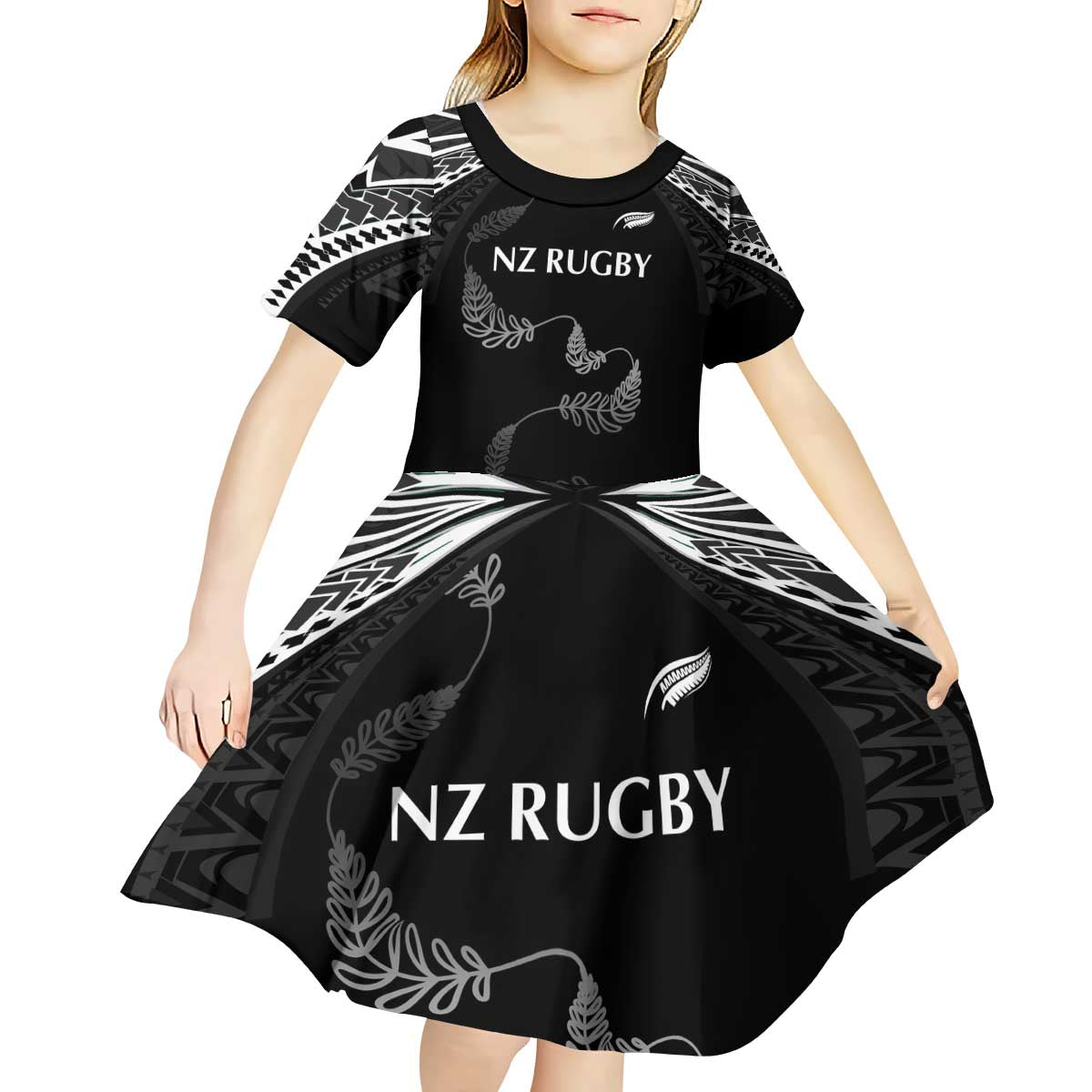 New Zealand Rugby Custom Kid Short Sleeve Dress Aotearoa Armour Blacks Silver Ferns - Polynesian Pride