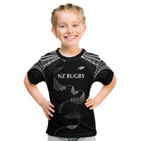 New Zealand Rugby Custom Kid T Shirt Aotearoa Armour Blacks Silver Ferns - Polynesian Pride