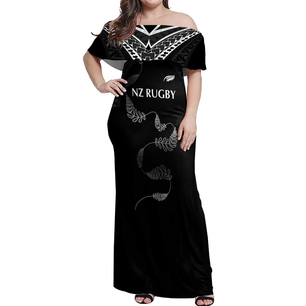 New Zealand Rugby Custom Off Shoulder Maxi Dress Aotearoa Armour Blacks Silver Ferns - Polynesian Pride