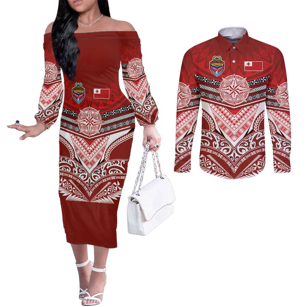 Tonga Rugby Custom Couples Matching Off The Shoulder Long Sleeve Dress and Long Sleeve Button Shirt Mana o Tonga-Tribal Heritage Edition Red Color - Polynesian Pride