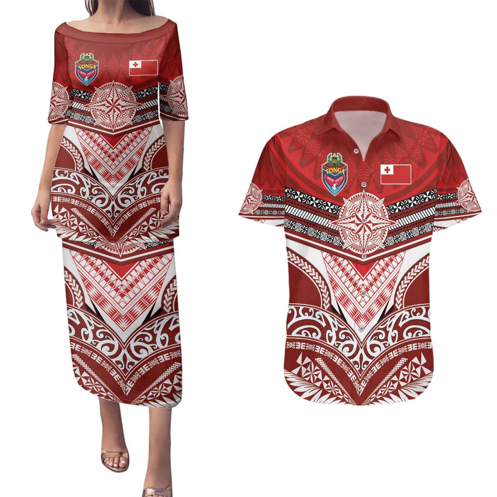Tonga Rugby Custom Couples Matching Puletasi and Hawaiian Shirt Mana o Tonga-Tribal Heritage Edition Red Color - Polynesian Pride