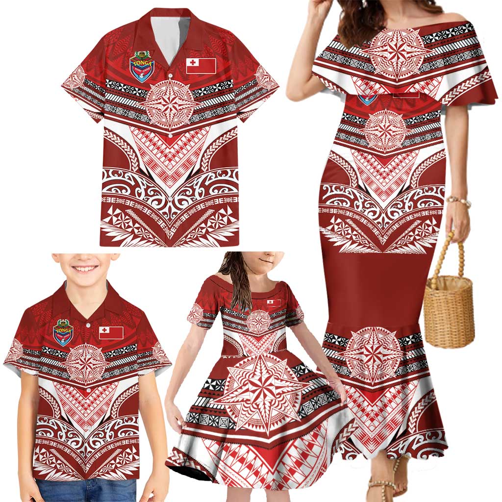 Tonga Rugby Custom Family Matching Mermaid Dress and Hawaiian Shirt Mana o Tonga-Tribal Heritage Edition Red Color - Polynesian Pride