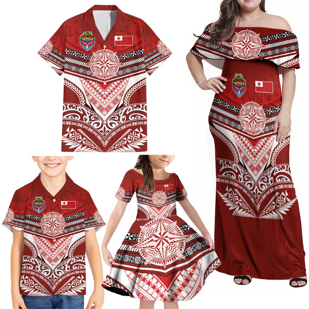 Tonga Rugby Custom Family Matching Off Shoulder Maxi Dress and Hawaiian Shirt Mana o Tonga-Tribal Heritage Edition Red Color - Polynesian Pride