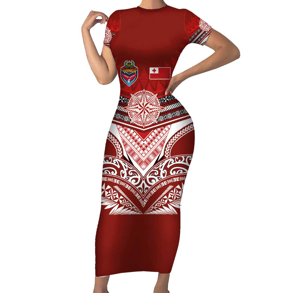Tonga Rugby Custom Short Sleeve Bodycon Dress Mana o Tonga-Tribal Heritage Edition Red Color - Polynesian Pride
