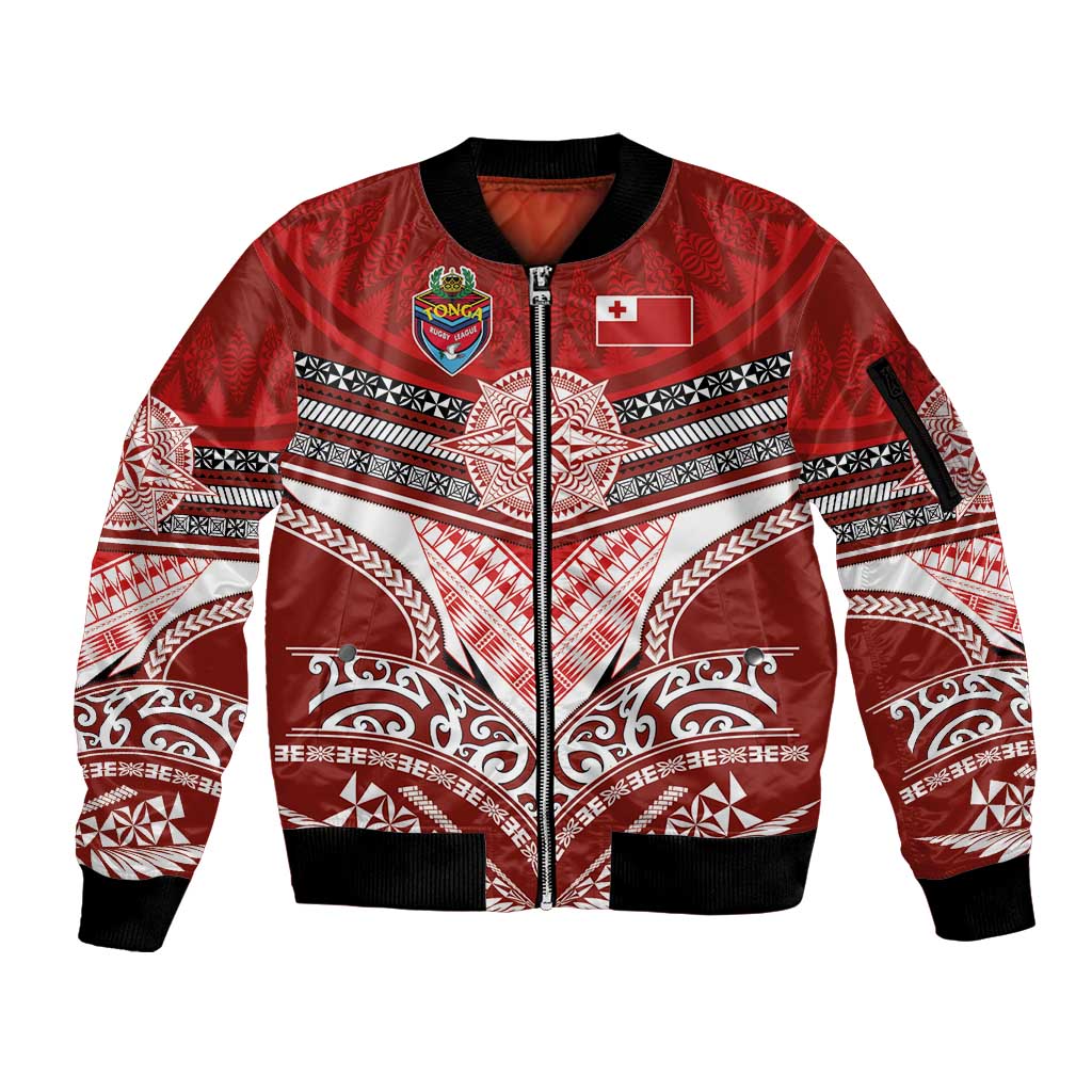 Tonga Rugby Custom Sleeve Zip Bomber Jacket Mana o Tonga-Tribal Heritage Edition Red Color - Polynesian Pride