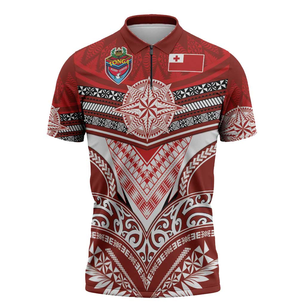 Tonga Rugby Custom Zipper Polo Shirt Mana o Tonga-Tribal Heritage Edition Red Color - Polynesian Pride