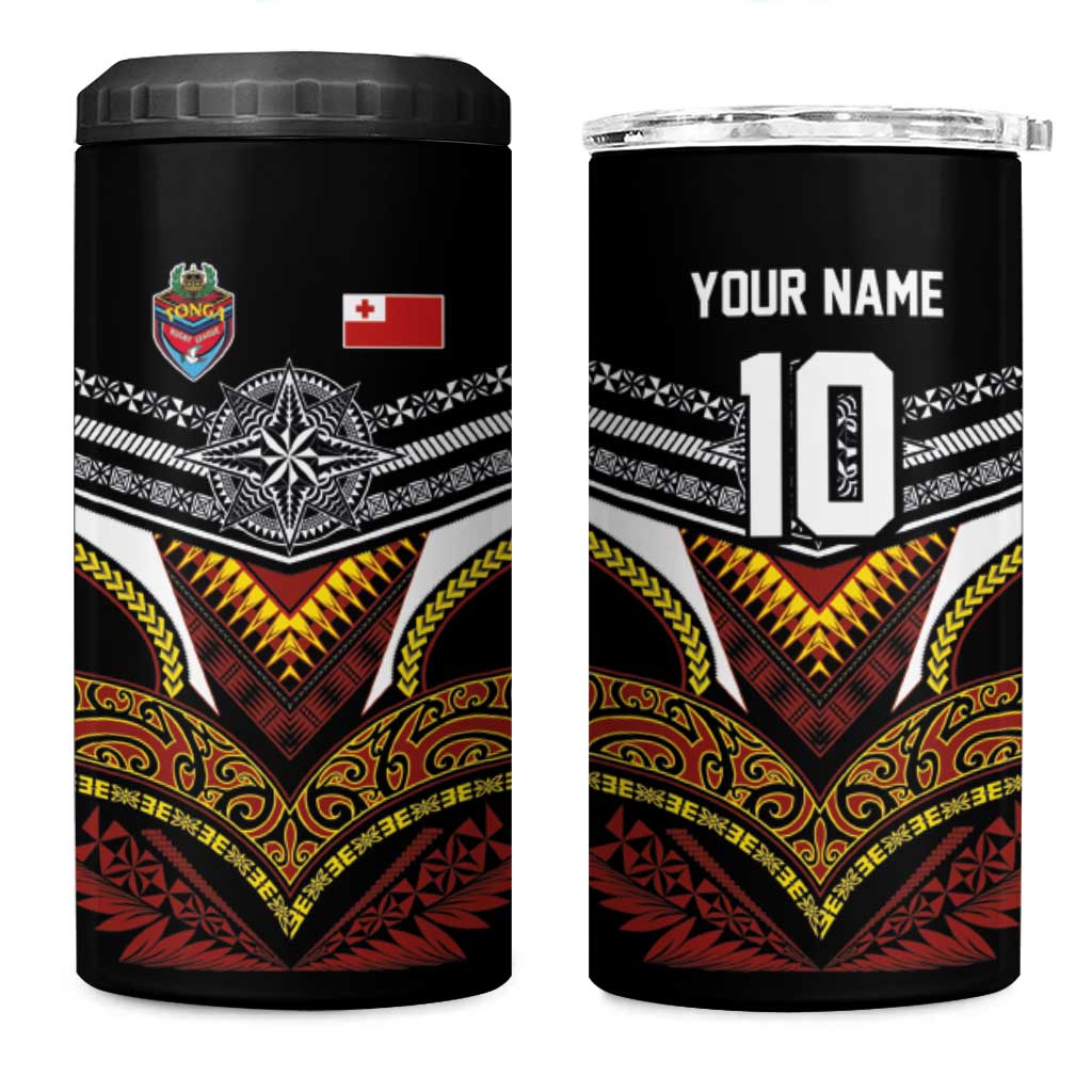 Tonga Rugby Custom 4 in 1 Can Cooler Tumbler Mana o Tonga-Tribal Heritage Edition Black Color - Polynesian Pride