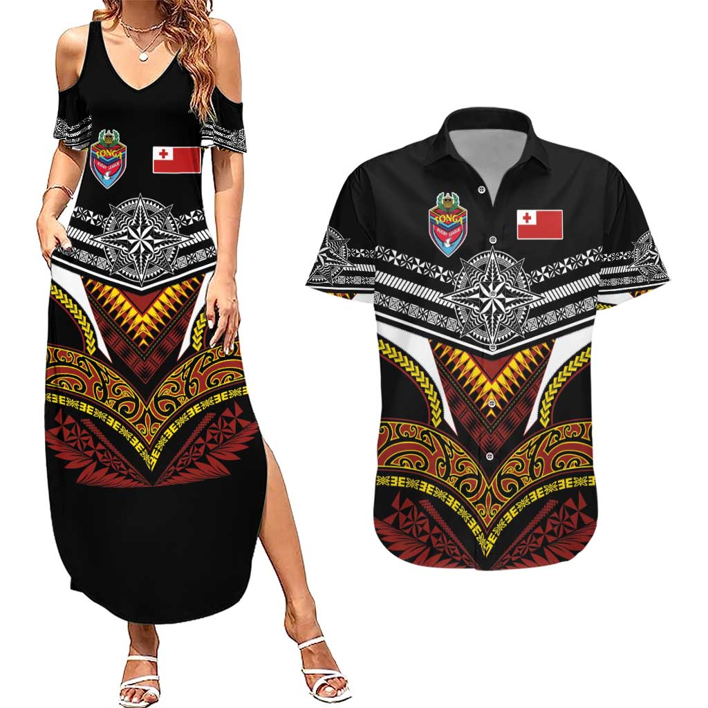 Tonga Rugby Custom Couples Matching Summer Maxi Dress and Hawaiian Shirt Mana o Tonga-Tribal Heritage Edition Black Color - Polynesian Pride