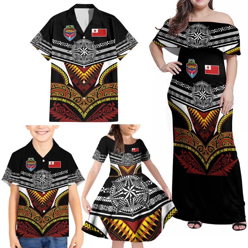 Tonga Rugby Custom Family Matching Off Shoulder Maxi Dress and Hawaiian Shirt Mana o Tonga-Tribal Heritage Edition Black Color - Polynesian Pride