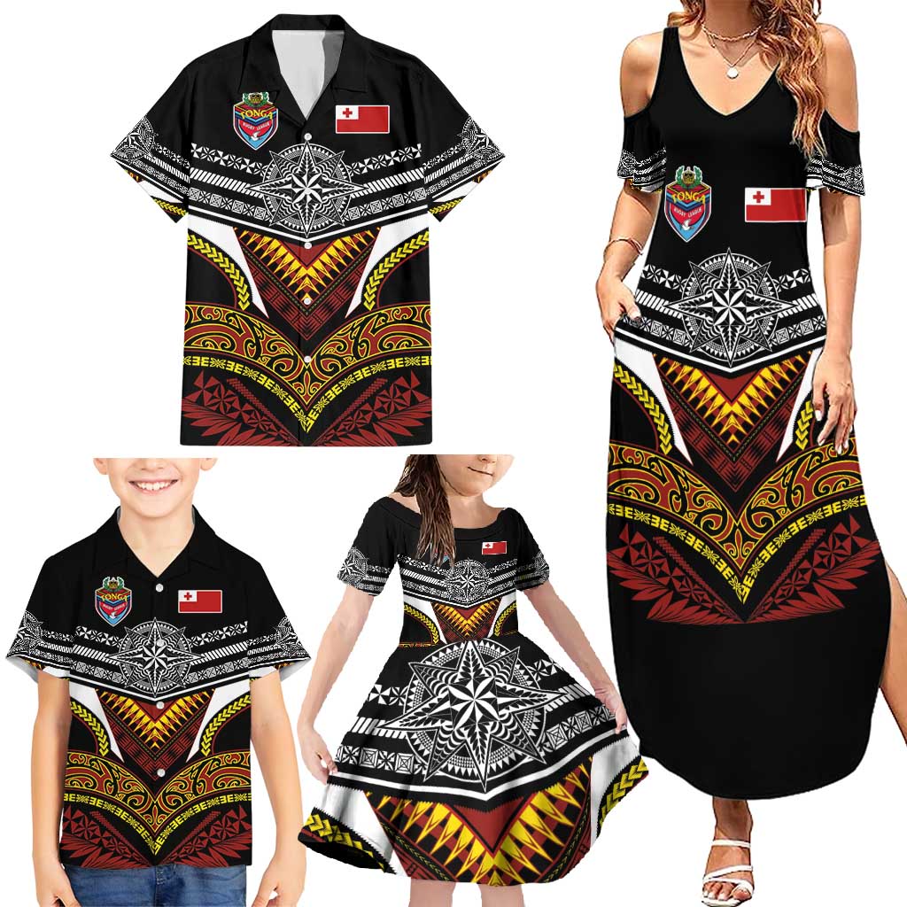 Tonga Rugby Custom Family Matching Summer Maxi Dress and Hawaiian Shirt Mana o Tonga-Tribal Heritage Edition Black Color - Polynesian Pride
