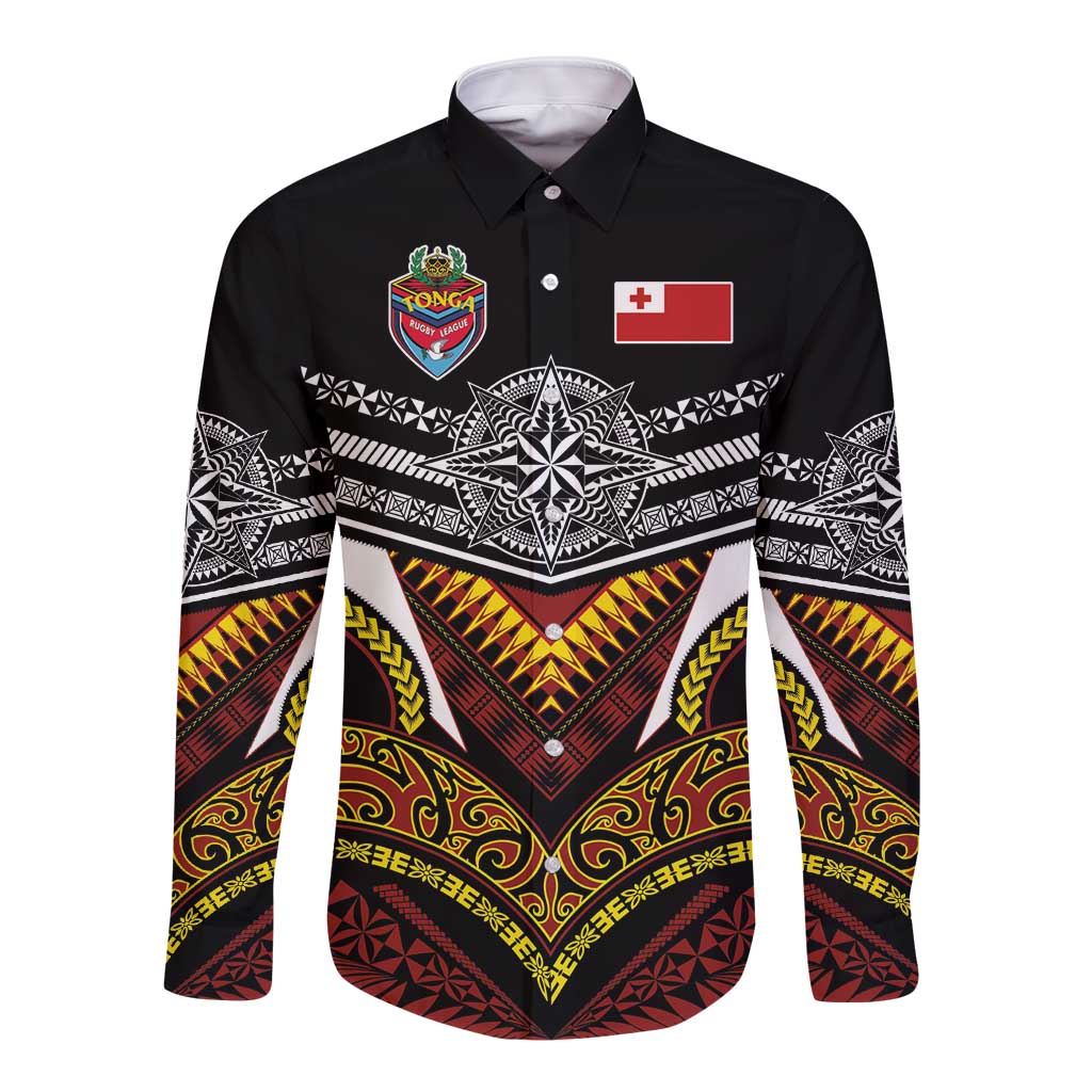 Tonga Rugby Custom Long Sleeve Button Shirt Mana o Tonga-Tribal Heritage Edition Black Color - Polynesian Pride