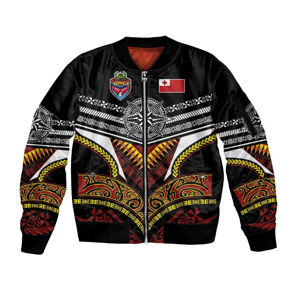 Tonga Rugby Custom Sleeve Zip Bomber Jacket Mana o Tonga-Tribal Heritage Edition Black Color - Polynesian Pride