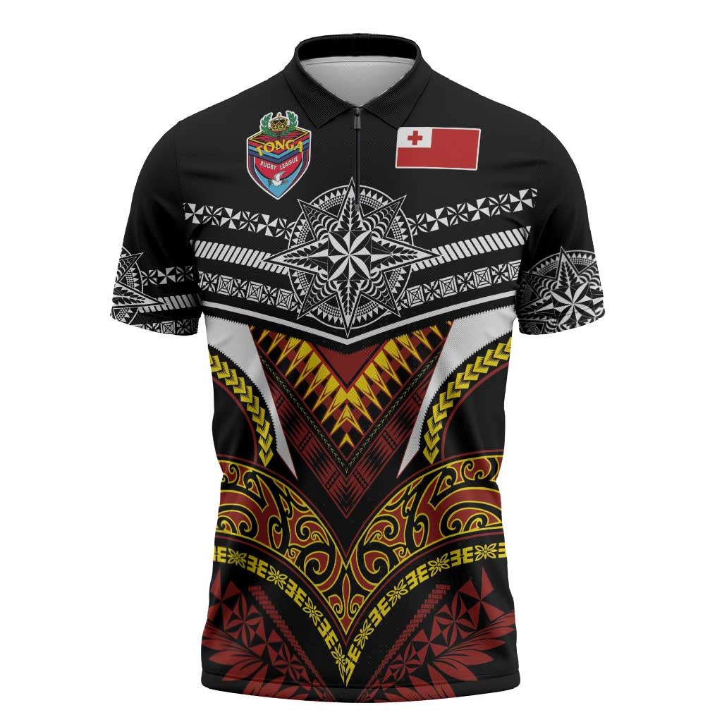 Tonga Rugby Custom Zipper Polo Shirt Mana o Tonga-Tribal Heritage Edition Black Color - Polynesian Pride