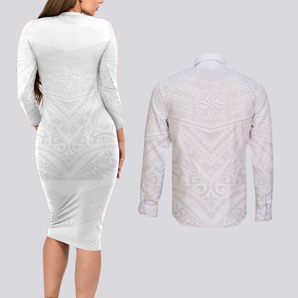 Tonga White Sunday Couples Matching Long Sleeve Bodycon Dress and Long Sleeve Button Shirt Tongan Tribal Heritage Tattoos - Polynesian Pride