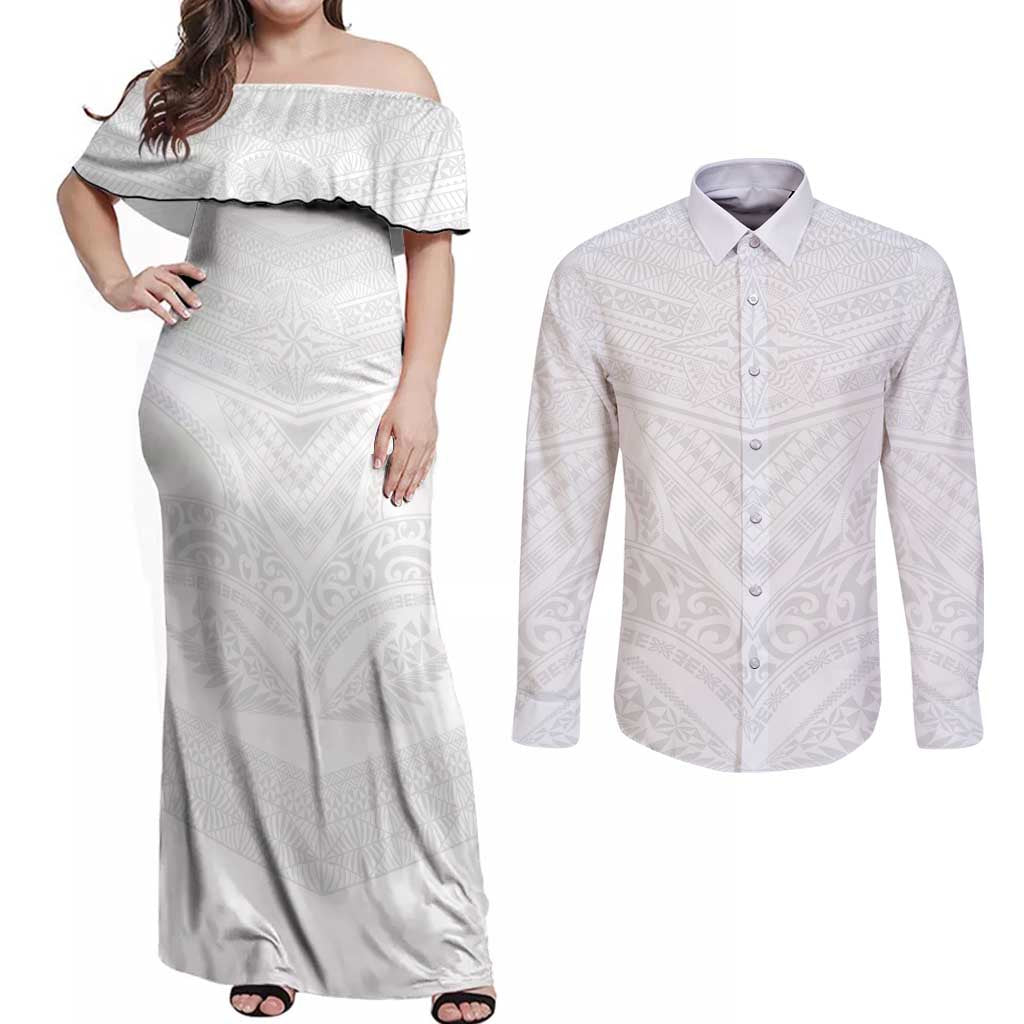 Tonga White Sunday Couples Matching Off Shoulder Maxi Dress and Long Sleeve Button Shirt Tongan Tribal Heritage Tattoos - Polynesian Pride