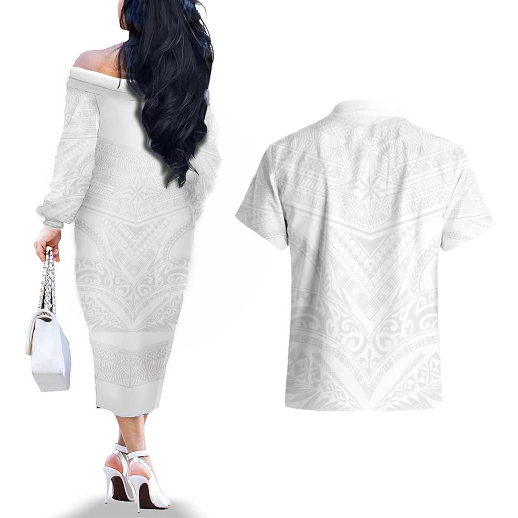 Tonga White Sunday Couples Matching Off The Shoulder Long Sleeve Dress and Hawaiian Shirt Tongan Tribal Heritage Tattoos - Polynesian Pride