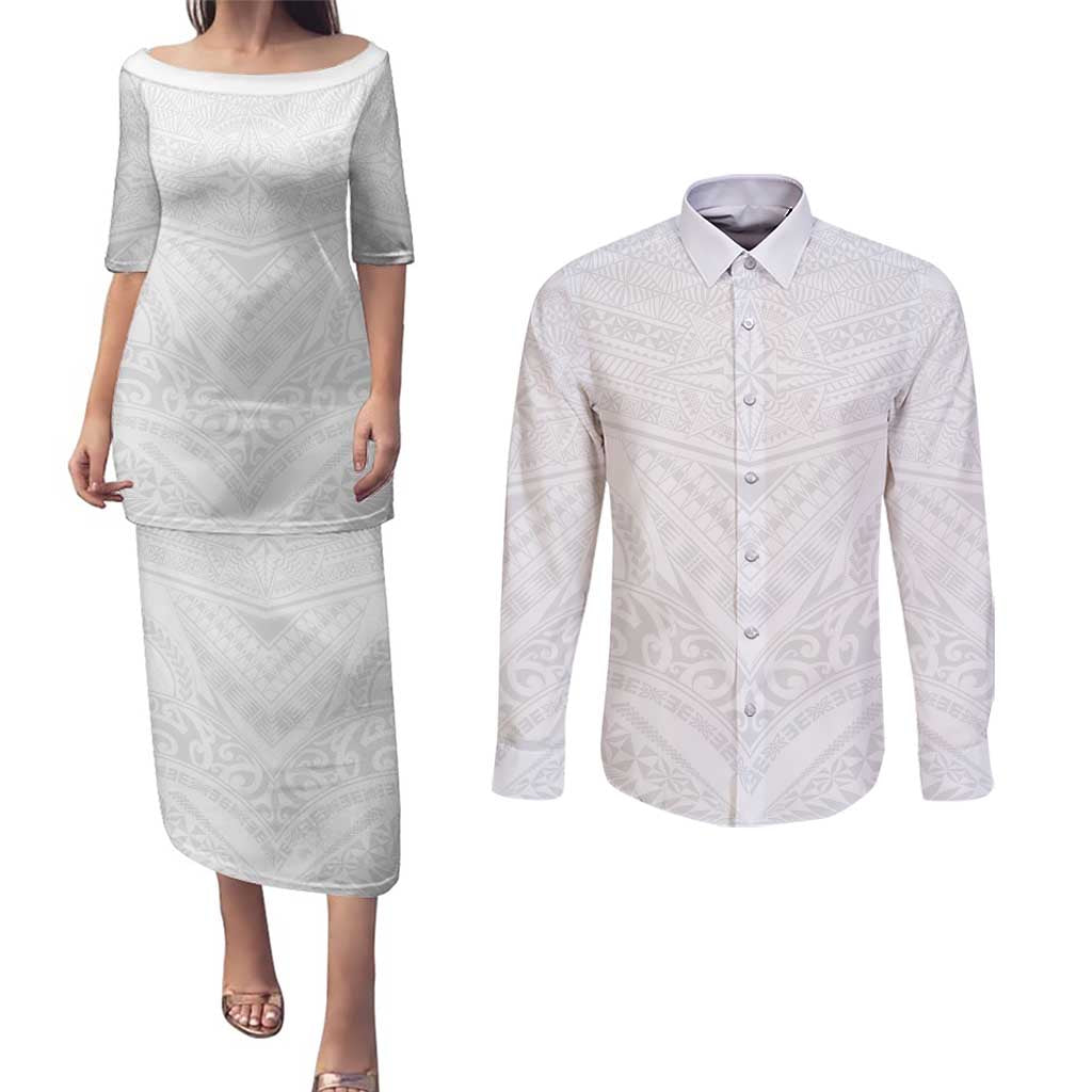 Tonga White Sunday Couples Matching Puletasi and Long Sleeve Button Shirt Tongan Tribal Heritage Tattoos - Polynesian Pride