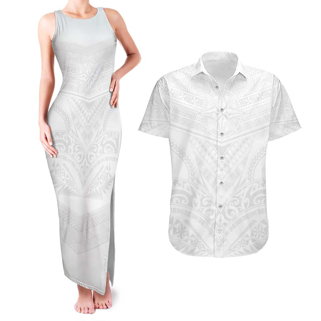 Tonga White Sunday Couples Matching Tank Maxi Dress and Hawaiian Shirt Tongan Tribal Heritage Tattoos - Polynesian Pride