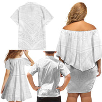 Tonga White Sunday Family Matching Off Shoulder Short Dress and Hawaiian Shirt Tongan Tribal Heritage Tattoos - Polynesian Pride