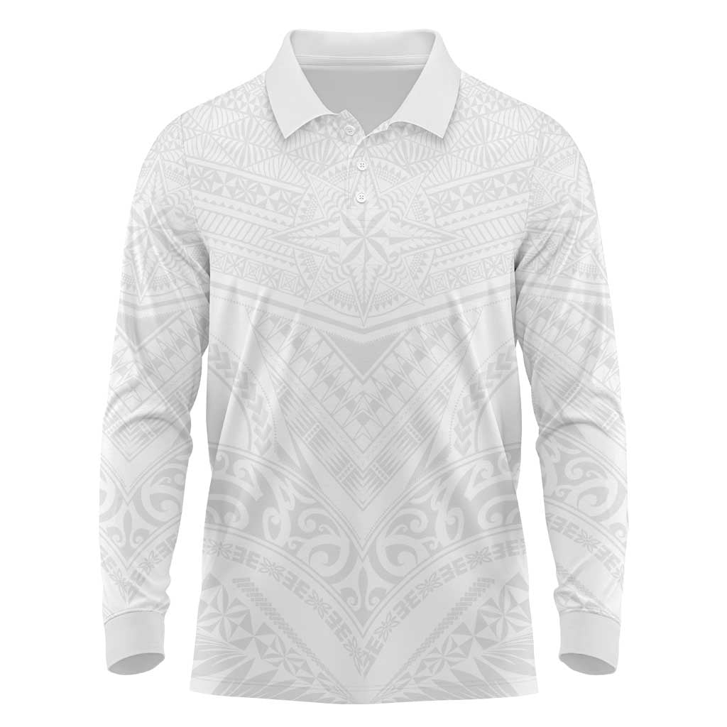 Tonga White Sunday Long Sleeve Polo Shirt Tongan Tribal Heritage Tattoos - Polynesian Pride