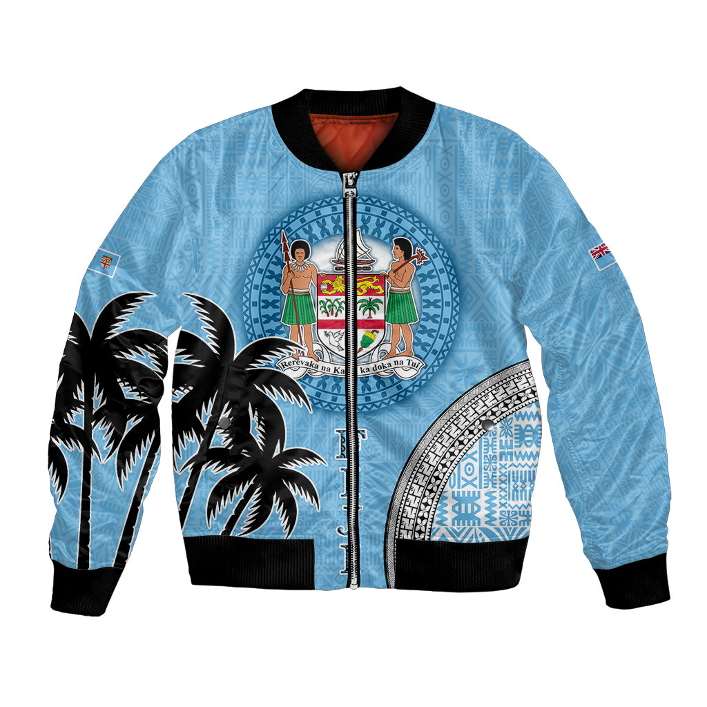 Personalised Fiji Bomber Jacket Tapa Pattern Fijian Coat of Arms and Palm Tree LT03 Unisex Blue - Polynesian Pride