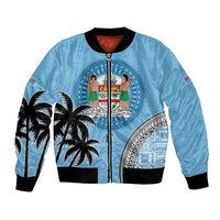 Personalised Fiji Bomber Jacket Tapa Pattern Fijian Coat of Arms and Palm Tree LT03 Unisex Blue - Polynesian Pride
