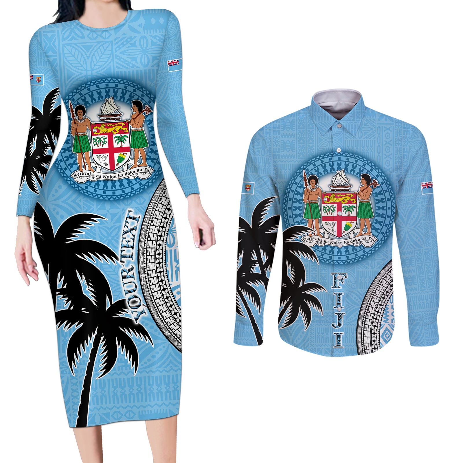 Personalised Fiji Couples Matching Long Sleeve Bodycon Dress and Long Sleeve Button Shirts Tapa Pattern Fijian Coat of Arms and Palm Tree LT03 Blue - Polynesian Pride