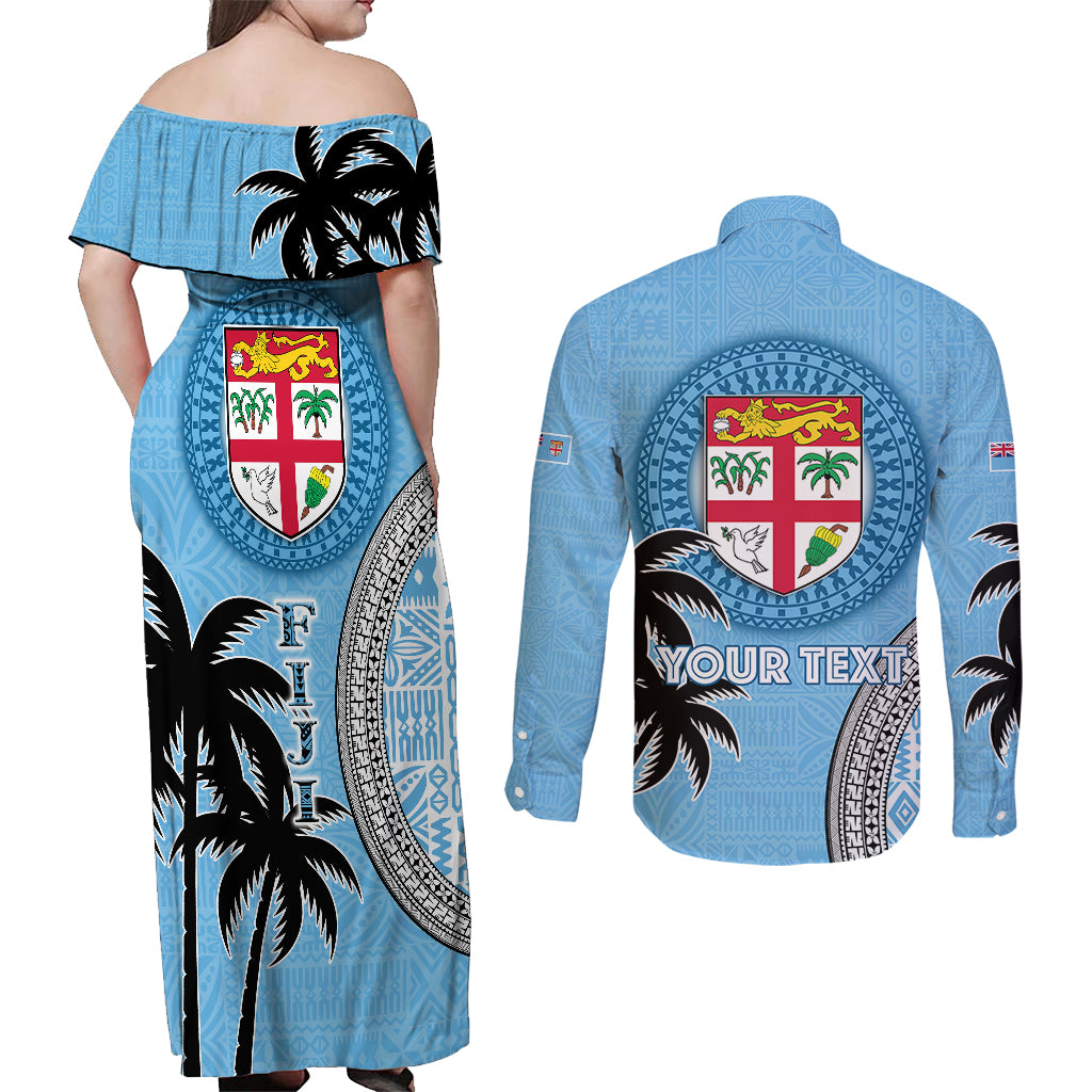 Personalised Fiji Couples Matching Off Shoulder Maxi Dress and Long Sleeve Button Shirts Tapa Pattern Fijian Coat of Arms and Palm Tree LT03 - Polynesian Pride