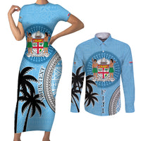 Personalised Fiji Couples Matching Short Sleeve Bodycon Dress and Long Sleeve Button Shirts Tapa Pattern Fijian Coat of Arms and Palm Tree LT03 Blue - Polynesian Pride