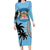 Personalised Fiji Long Sleeve Bodycon Dress Tapa Pattern Fijian Coat of Arms and Palm Tree LT03 Long Dress Blue - Polynesian Pride