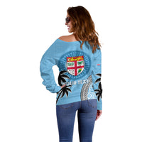 Personalised Fiji Off Shoulder Sweater Tapa Pattern Fijian Coat of Arms and Palm Tree LT03 - Polynesian Pride