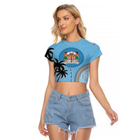 Personalised Fiji Raglan Cropped T Shirt Tapa Pattern Fijian Coat of Arms and Palm Tree LT03 Female Blue - Polynesian Pride
