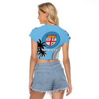 Personalised Fiji Raglan Cropped T Shirt Tapa Pattern Fijian Coat of Arms and Palm Tree LT03 - Polynesian Pride