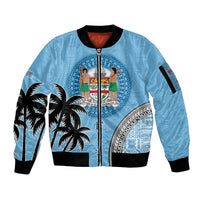 Personalised Fiji Sleeve Zip Bomber Jacket Tapa Pattern Fijian Coat of Arms and Palm Tree LT03 Unisex Blue - Polynesian Pride