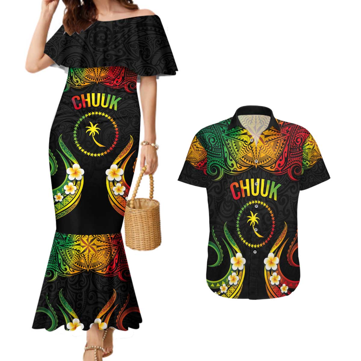 Personalised Chuuk Independence Day Couples Matching Mermaid Dress and Hawaiian Shirt Polynesian Tattoo and Plumeria Reggae Color