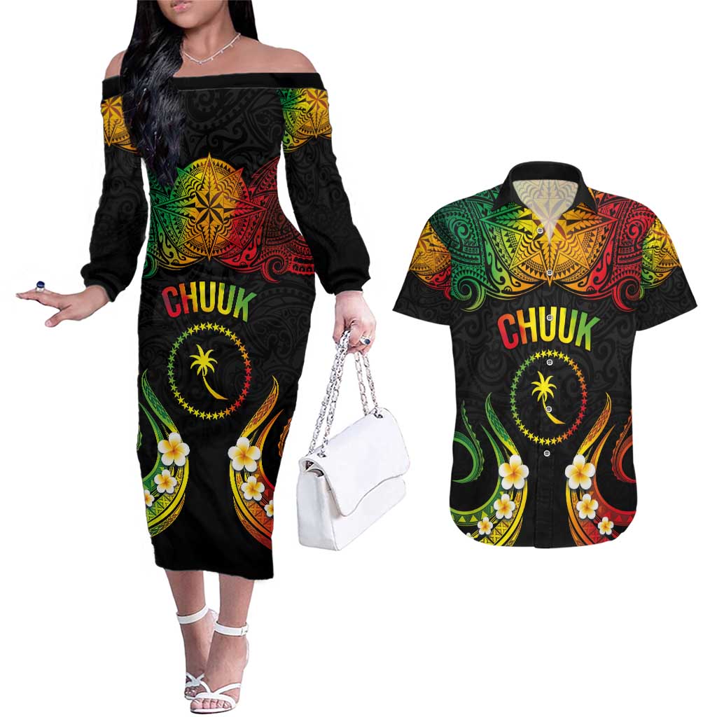 Personalised Chuuk Independence Day Couples Matching Off The Shoulder Long Sleeve Dress and Hawaiian Shirt Polynesian Tattoo and Plumeria Reggae Color