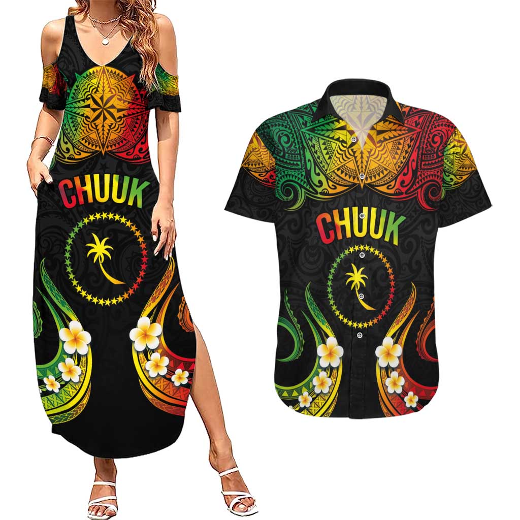 Personalised Chuuk Independence Day Couples Matching Summer Maxi Dress and Hawaiian Shirt Polynesian Tattoo and Plumeria Reggae Color